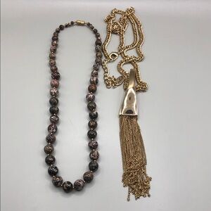 Jules b gold chain tassel + vintage leopard jasper stone bead necklace bundle 2.